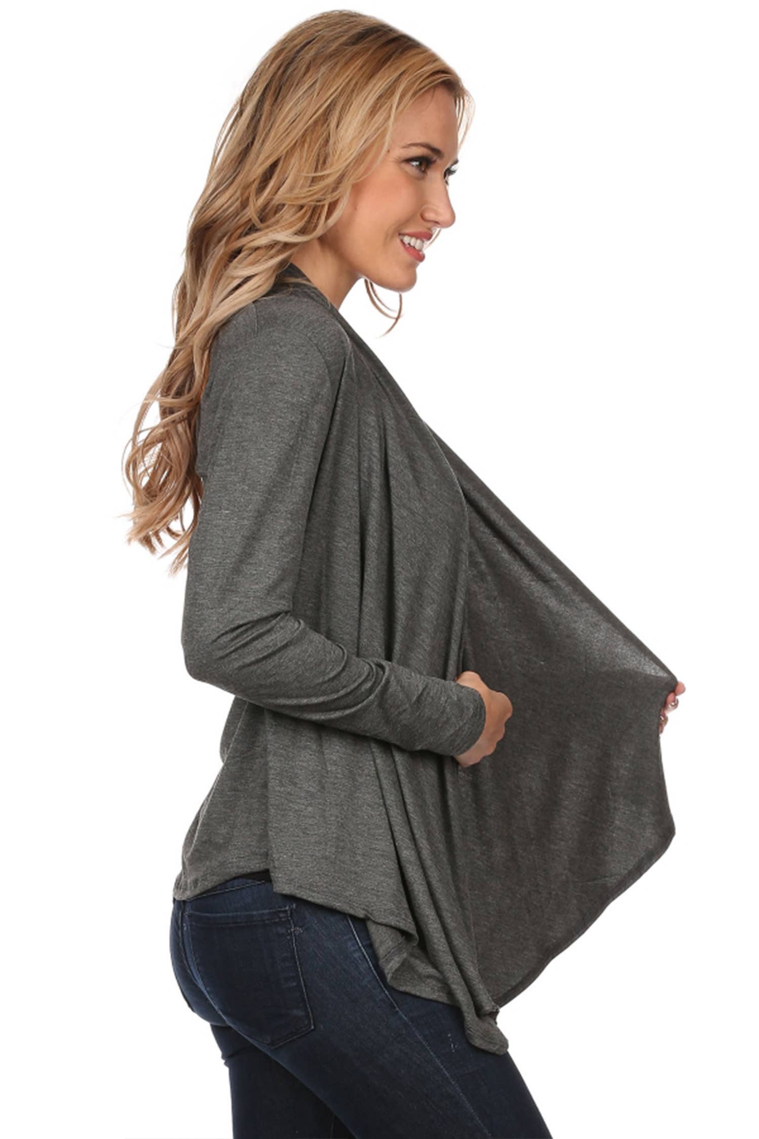 MOA COLLECTION - Wholesale Cardigan - Women's - Women's Casual Solid Long Sleeve Open Front Draped Cardigan4