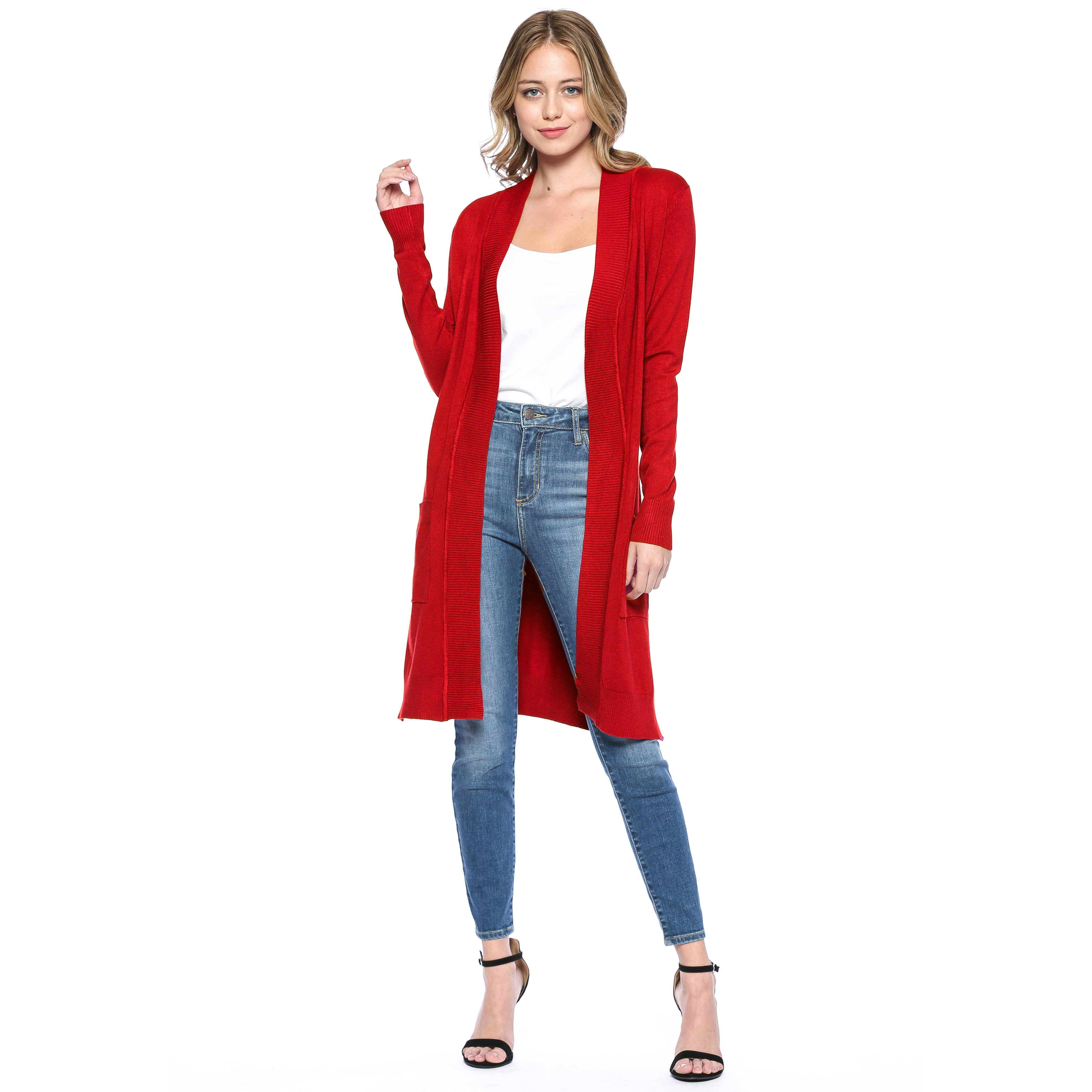 Urban Look - Wholesale Cardigan - Women's - Premium Open Front Pocket Duster Cardigan Red3