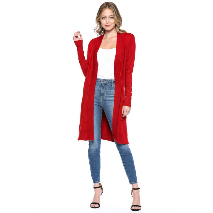 Urban Look - Wholesale Cardigan - Women's - Premium Open Front Pocket Duster Cardigan Red3
