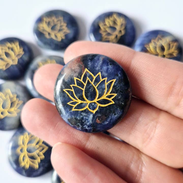 Gemstone Sodalite disc 2.5cm with Lotus symbol – Pocket stone worry stone for wholesale by Moonlight Gemstones