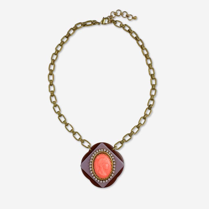 Lulu’s Petals - Wholesale Pendant/Charm Necklace - Coral, lavender, and chocolate refashioned vintage large layered cameo pendant necklace