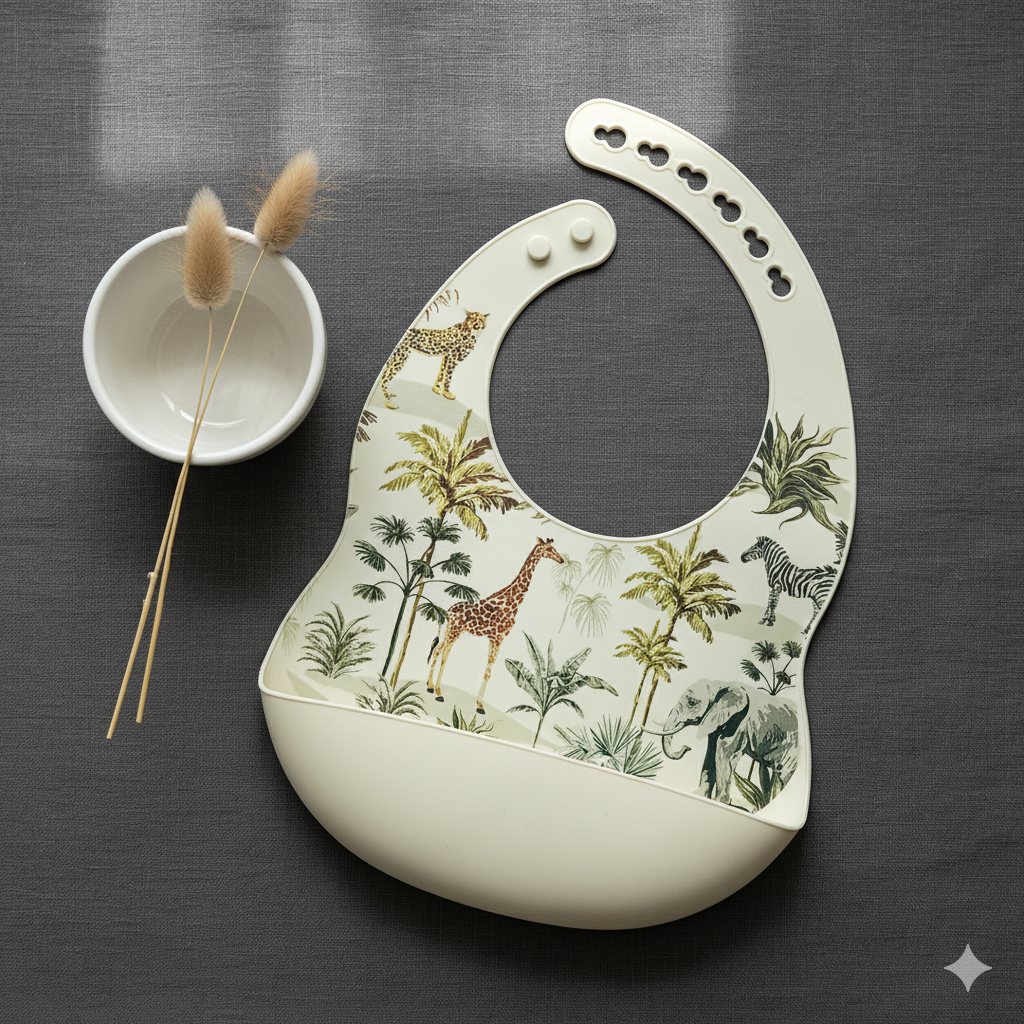 Rammelaartje - Wholesale Bib - Baby - Bestseller Silicone bib with tray Jungle - Beige1