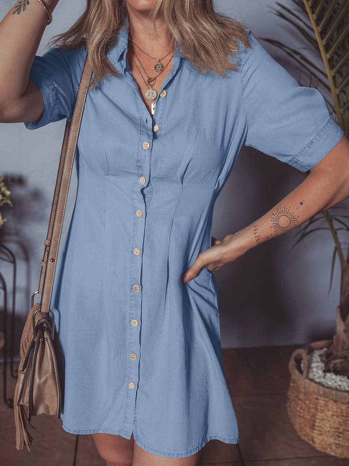 Myosotis Denim Pleated Slim Waist Short Sleeve Shirt Dress for wholesale on Faire4