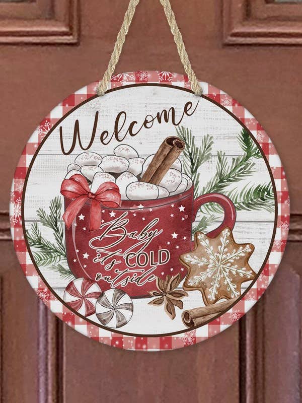 Welcome Baby it's Cold Outside Red Mug Holiday Door Hanger for wholesale by Cali Boutique Wholesale