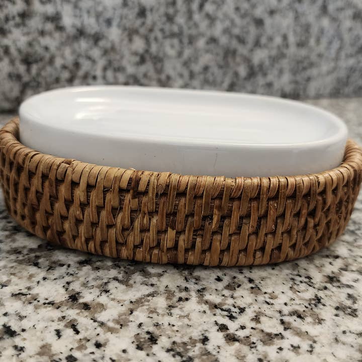 Artifacts Trading Company – Engroshandel Sæbeskål til bad – Rattan oval sæbeskål med keramisk indsats8
