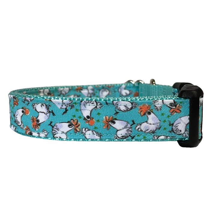 Chickens Dog Collar - Aqua - Featuring Mousehaus Chickens for wholesale by Sew Fetch Dog Co