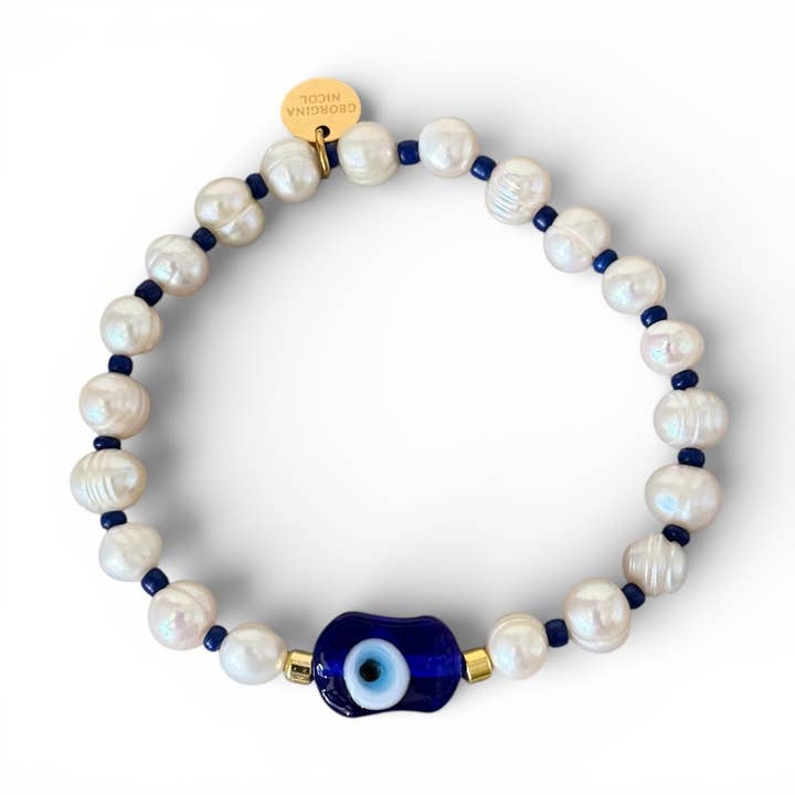 Blauw Murano-glas Boze Oog Zoetwaterparel Armband voor wholesale door Georgina Nicol