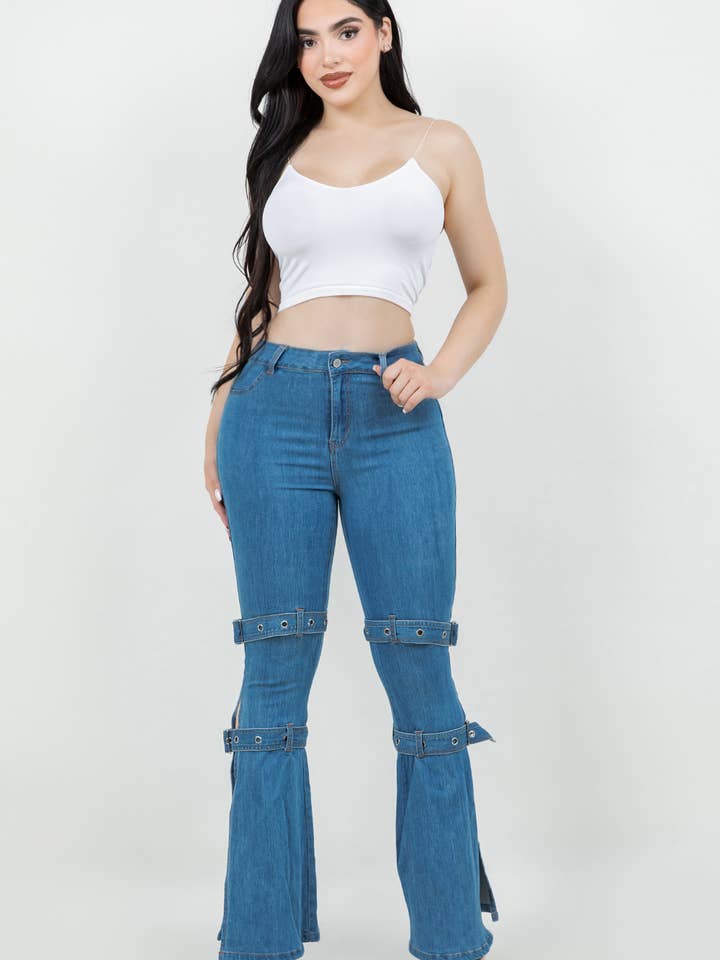 MS011 Broek - Spijkerjeans met wijde pijpen en gesp voor wholesale door LABIJOU