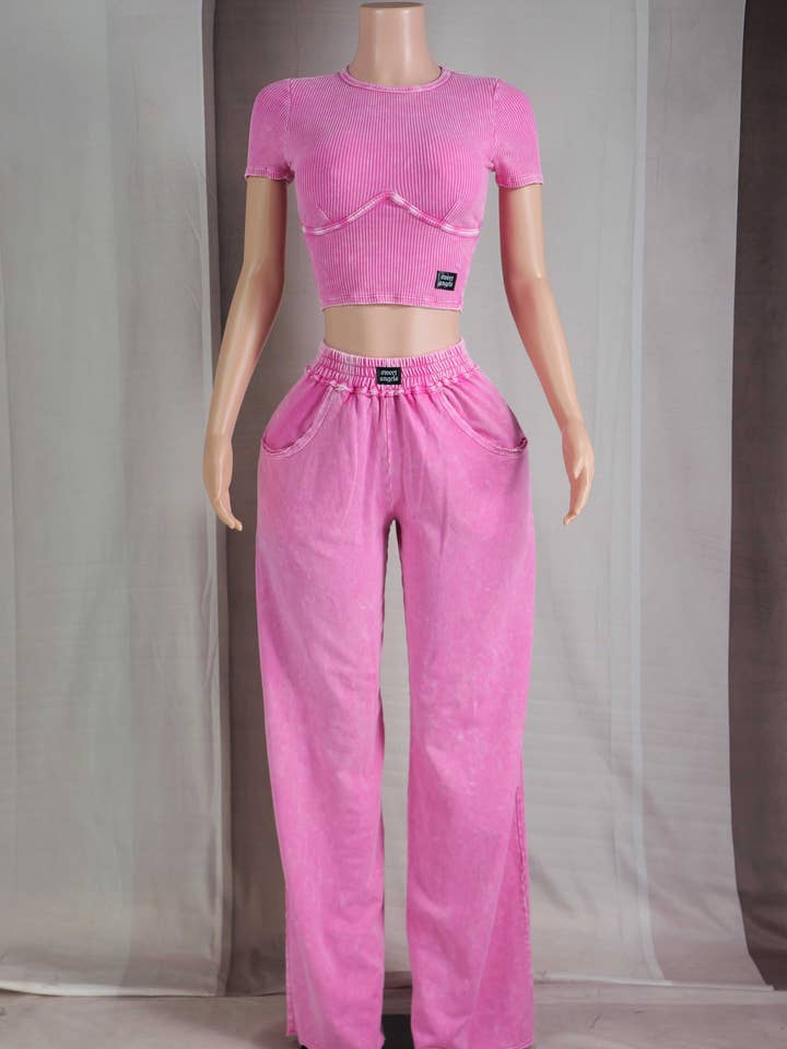 Barbie Pink MINERAL WASH CONTOUR CROPPED TOP & LOUNGE PANT SET for wholesale on Faire1