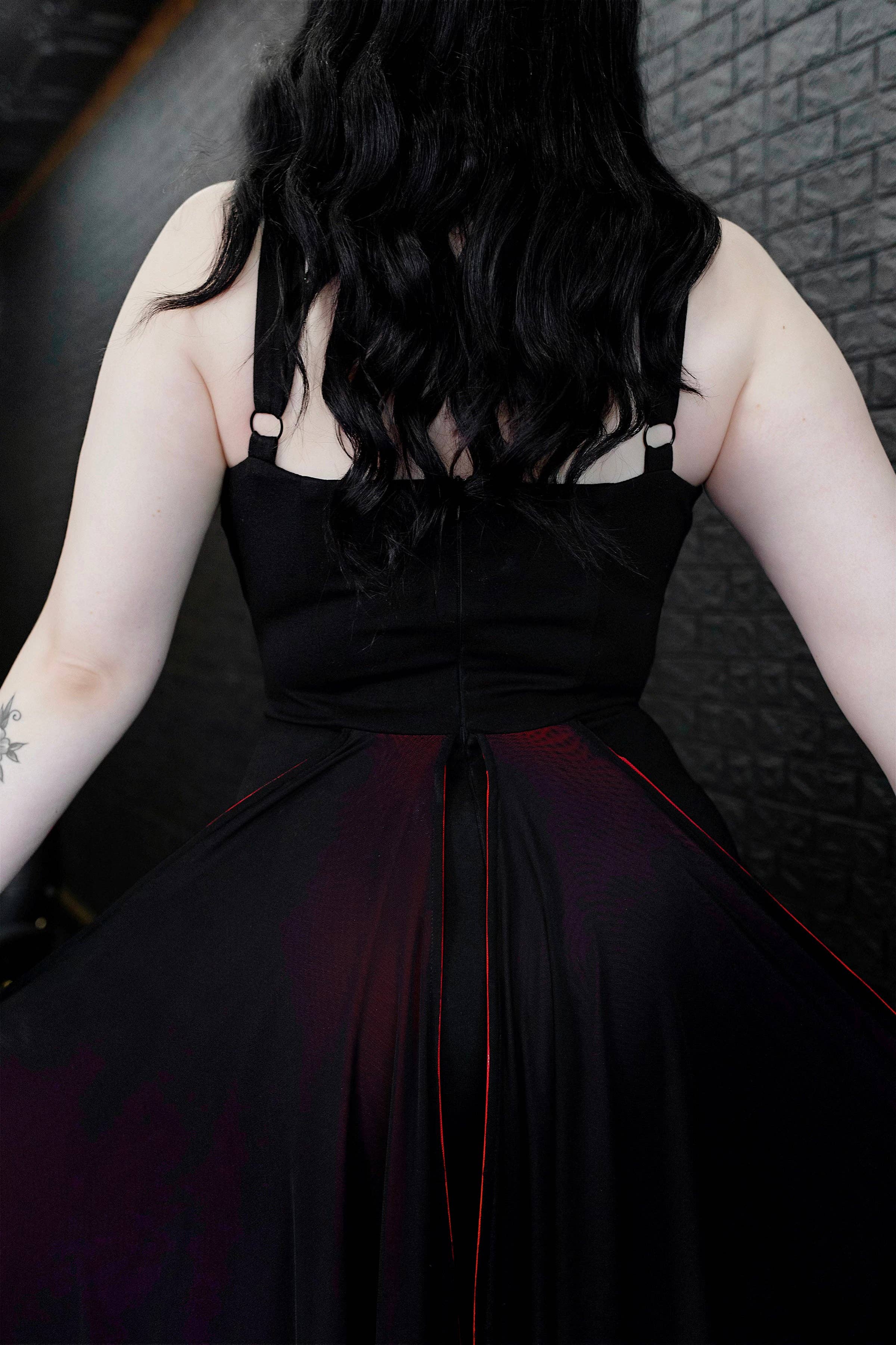 Weasel Wear - Wholesale Dress - Women's - Drac Bat Wing Cape Wiggle Dress - Black Ponte Wiggle Dress with Red Bat-Wing Cape & Mesh Cutout (Vampire Royalty Edition)3