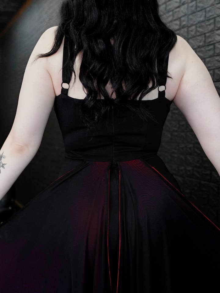 Weasel Wear - Wholesale Dress - Women's - Drac Bat Wing Cape Wiggle Dress - Black Ponte Wiggle Dress with Red Bat-Wing Cape & Mesh Cutout (Vampire Royalty Edition)3