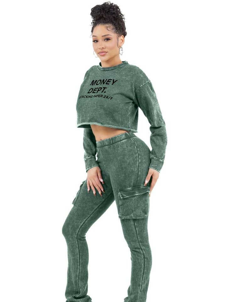 Yellow Cabbage - Wholesale Top & Pant Set (NOT Loungewear) - Women's - YT4050/YP3646 Mineral Wash Cropped Top and Stacked Pants1