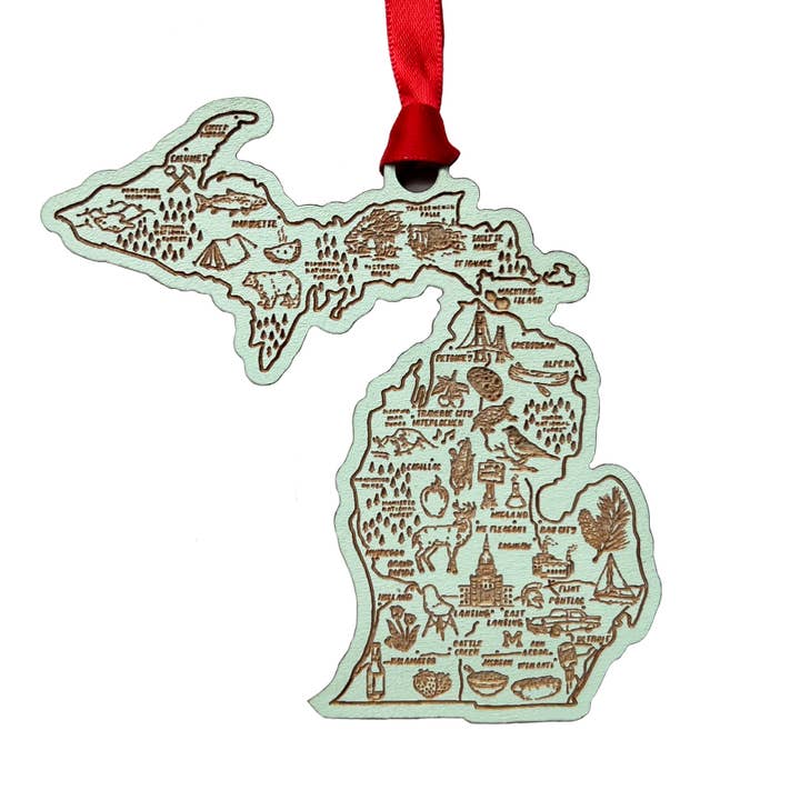 Ornamento in legno con mappa illustrata del Michigan per la vendita all'ingrosso da parte di City Bird