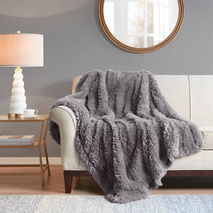 Long Faux Fur Throw 50x60", Grey for wholesale on Faire