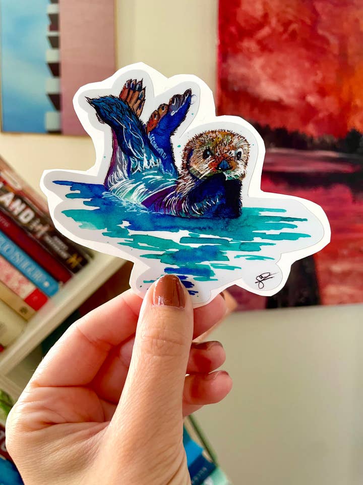 Handsketched Watercolor and Ink Otter Vinyl Decal for wholesale by S.Fenerty Art