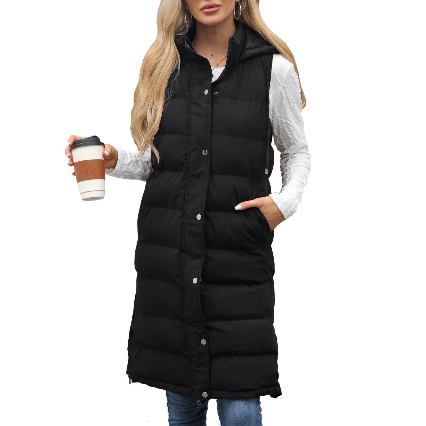 Lily Clothing - Wholesale Outerwear Vest - Women's - Solid-color hooded sleeveless cotton-padded vest7