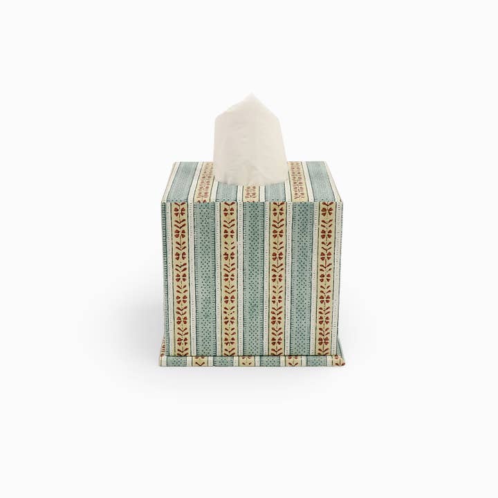 BLOCK-PRINTED TISSUE BOX - OCHRE/BLUE RHEA for wholesale by Craft Boat