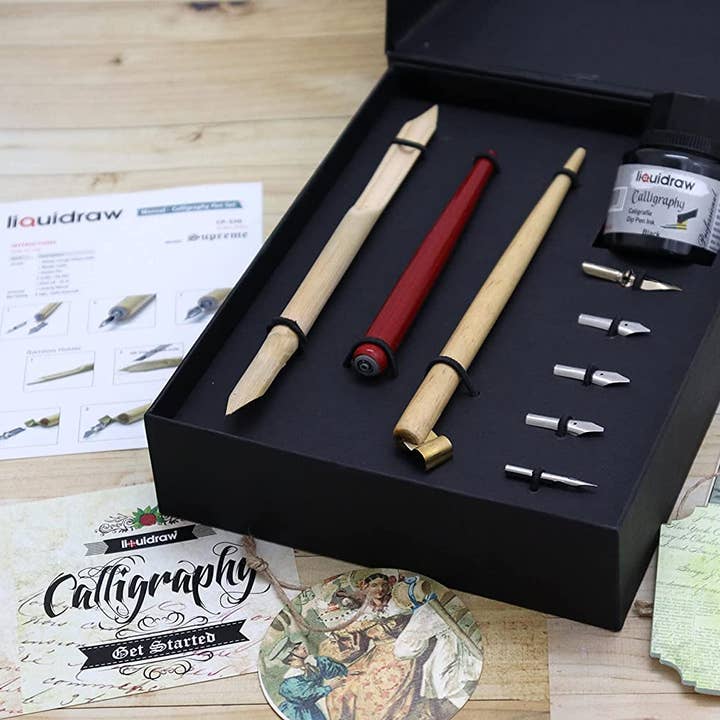 Liquidraw - Vendita all'ingrosso Kit per lavoretti fai da te - Set di Calligrafia Araba Liquidraw con Pennini per Penna a Immersione, Portapenne, Penne di Bambù, Penna di Legno con Inchiostro Nero per Calligrafia, per Mancini, Artisti, Principianti, Adulti e Bambini