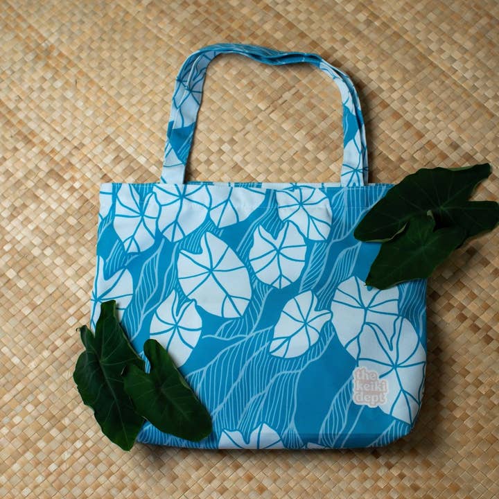 Blue Mauka Kalo Canvas Zipper Tote Bag for wholesale by The Keiki Dept