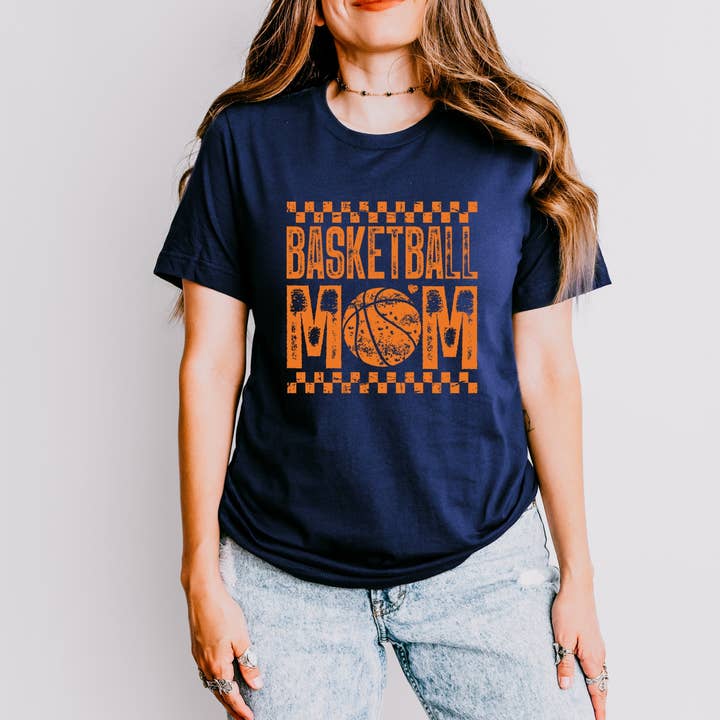 Basketball Mom Checkered Distressed Short Sleeve Tee for wholesale by Olive And Ivory Wholesale