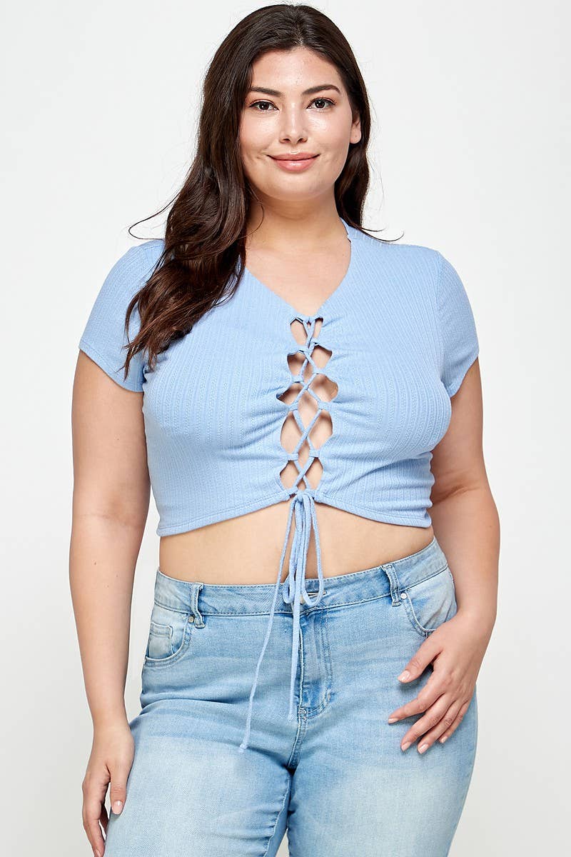 Haute Fox Plus Size & Contemporary – wholesale Stickad topp - Dam – Plus Size Ribbad Snörtopp - WG18043-T4