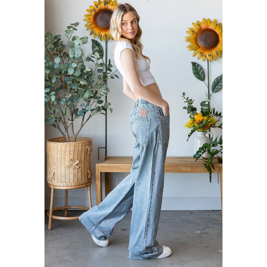 WASHED FOIL LOVE PATCHWORK DENIM JEANS for wholesale on Faire4