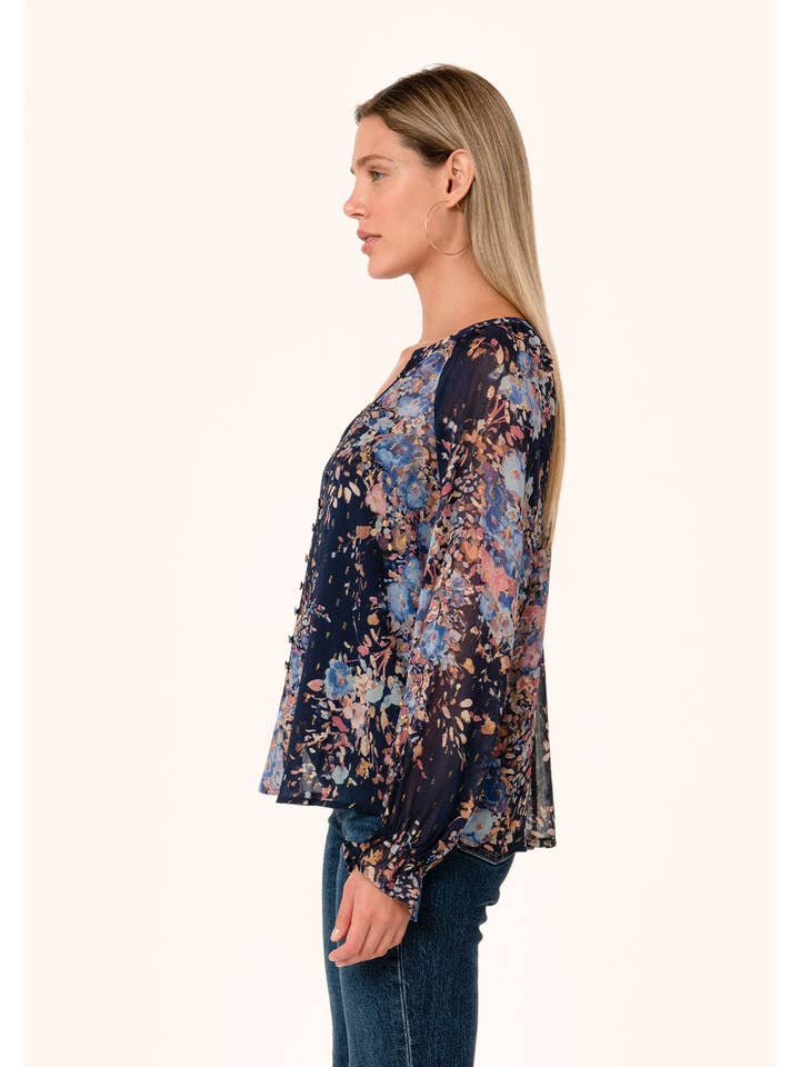 Navy Dusty Blue Lurex Floral Button Front Long Sleeve Blouse for wholesale on Faire
