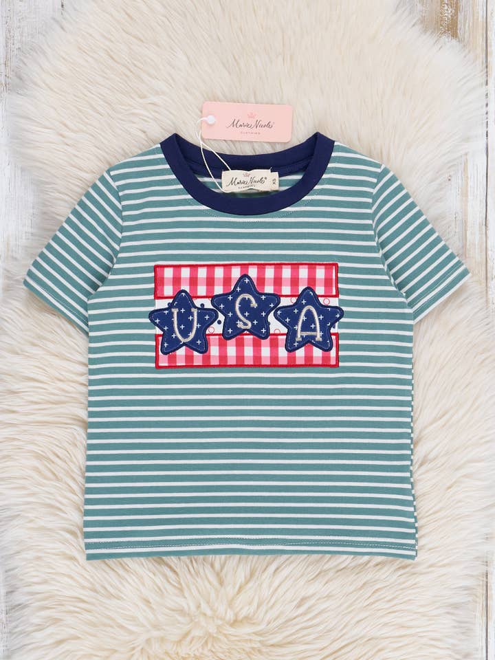 Marie Nicole Clothing - Wholesale T-Shirt - Kids - Green Striped Embroidered USA Shirt