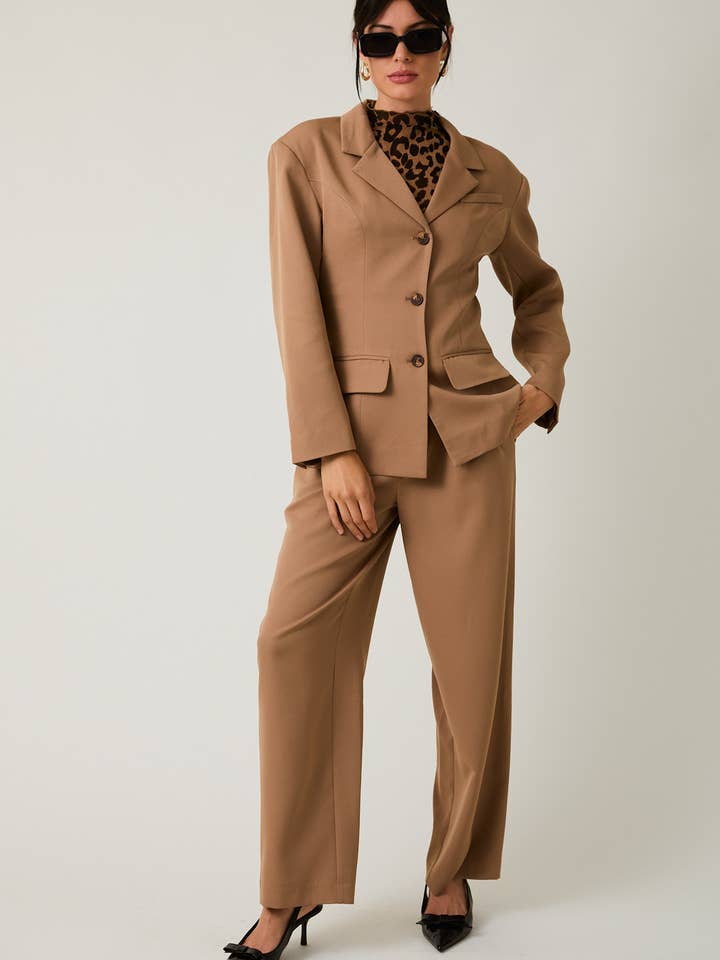 TAUPE STRUCTURED SHOULDER FIT & FLARE BLAZER for wholesale on Faire12