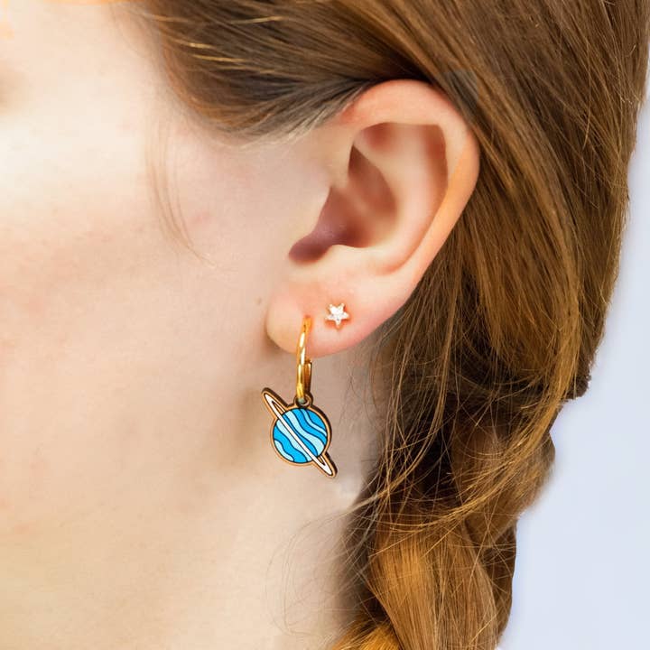 Hand-Painted Cherry Wood Planet Uranus Hoop Earrings - PET15149 for wholesale by Robin Valley