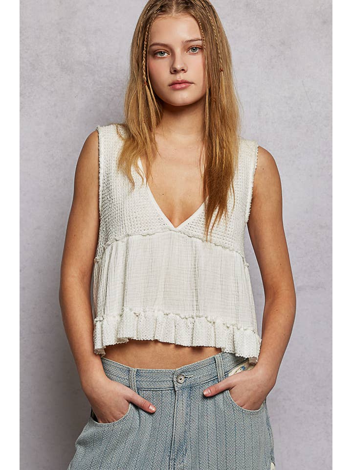 Pol Clothing - Wholesale Knit Top - Women's - Sleeveless contrast thermal cropped babydoll top SALE5