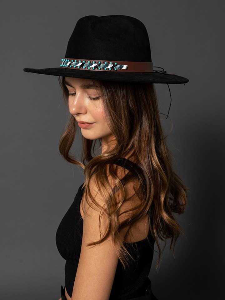 HAT2323 Teo Faux Suede Fedora w/ Turquoise Bead Band for wholesale by Jen & Co.