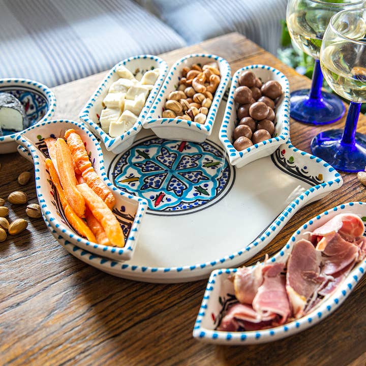 Kamsah - Wholesale Serving Plate - Handmade Turquoise Hamsa Ceramic Dipping & Serving Set4