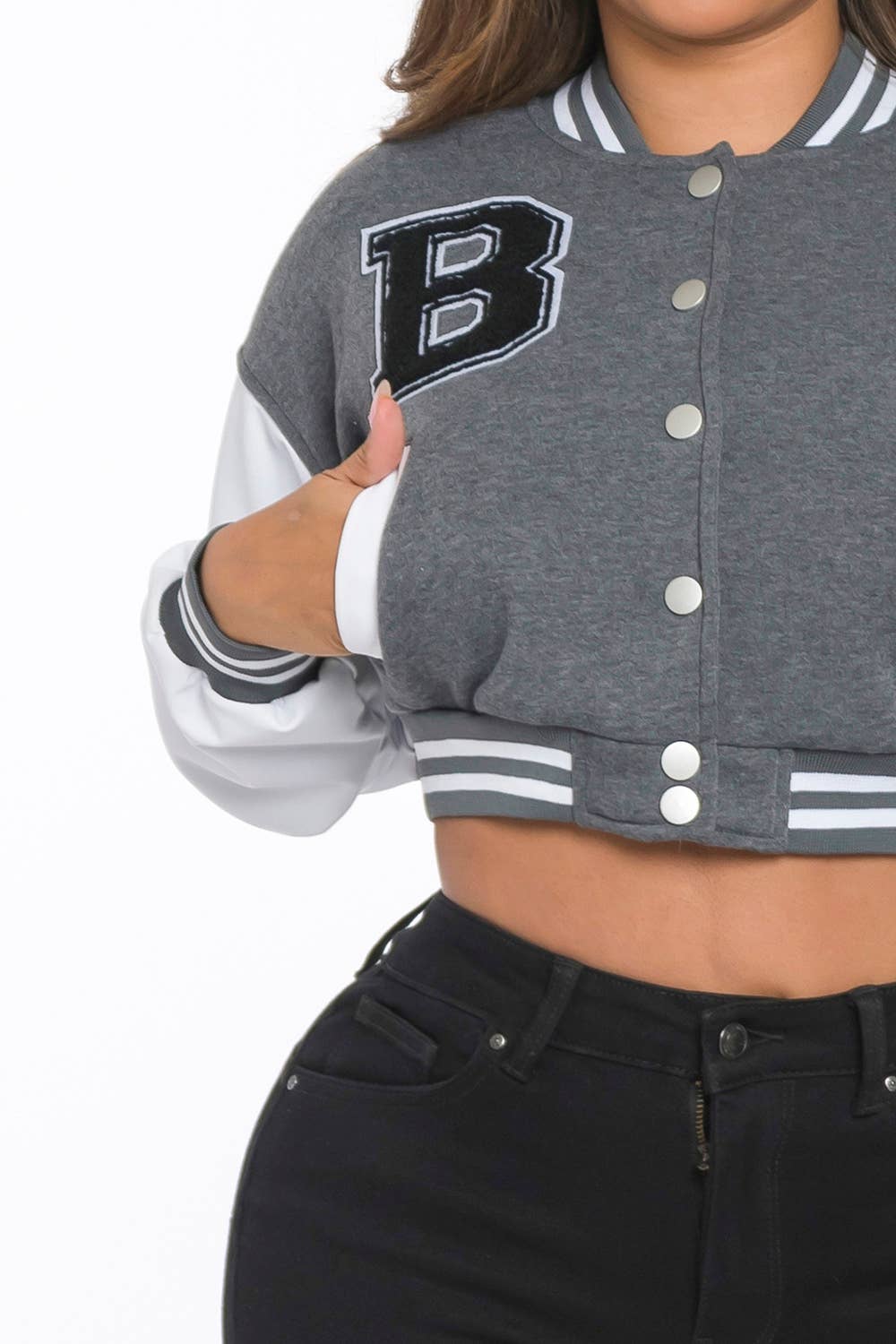 Lime All the Time - Wholesale Varsity/Baseball Jacket - Women's - B Logo Cropped Varsity Jacket with pocket13