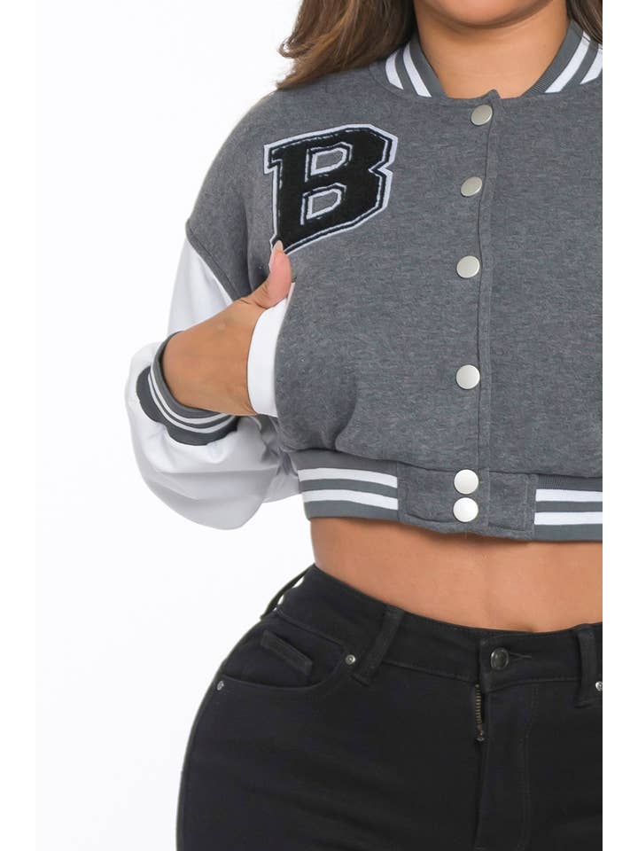 Lime All the Time - Wholesale Varsity/Baseball Jacket - Women's - B Logo Cropped Varsity Jacket with pocket13