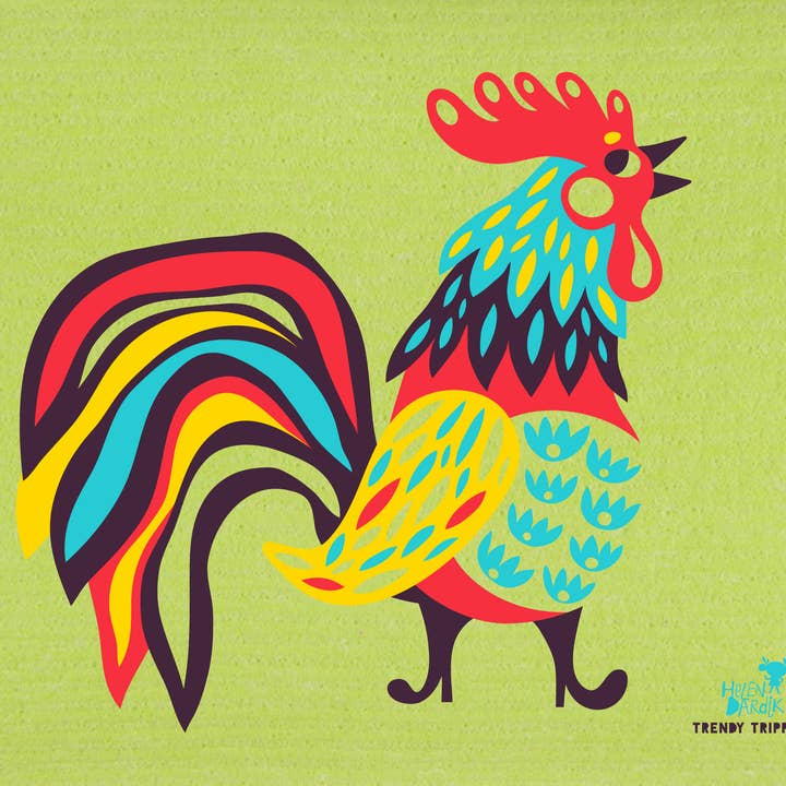 Trendy Tripper - Wholesale Dishcloth - Helen Dardik Fancy Rooster on Apple Swedish Dishcloth0