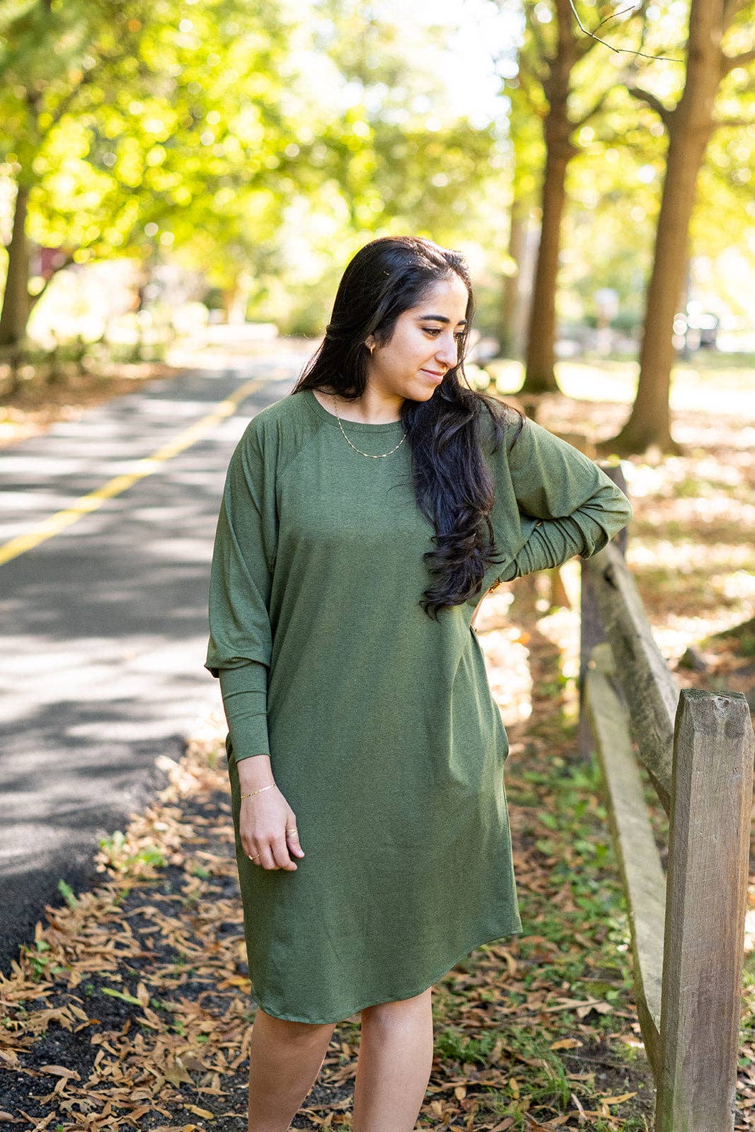 Knieriem Designs - Wholesale Dress - Women's - Green Rayon Jersey Long Sleeve Dress with Pockets1