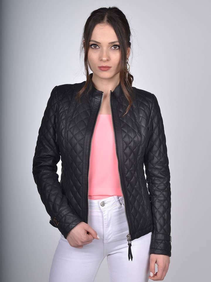 Leather Republic Ltd – Großhandel Lederjacke – Damen – Schwarze gesteppte Lederjacke für Damen0