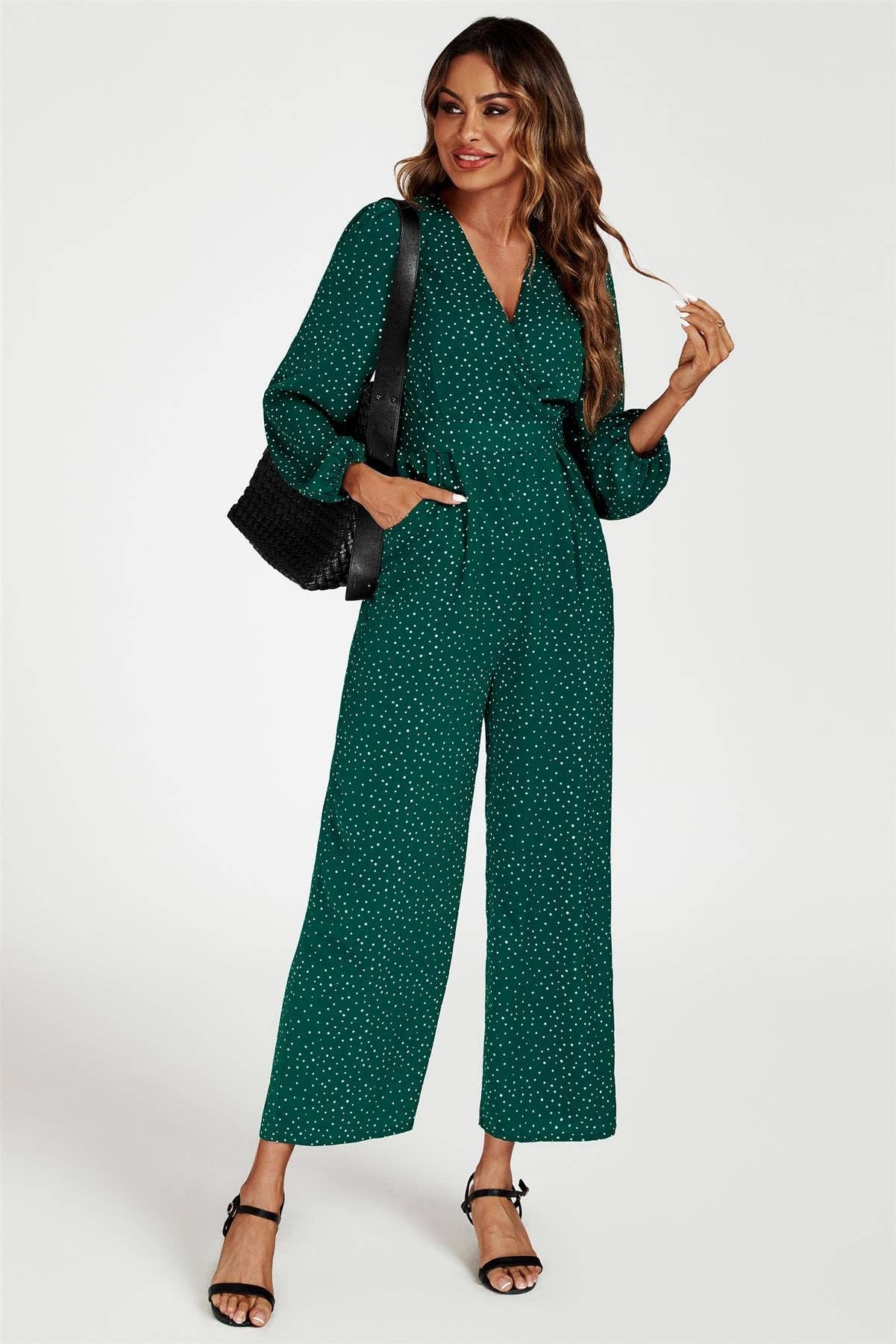Dot Print Wrap Jumpsuit In Green for wholesale on Faire5