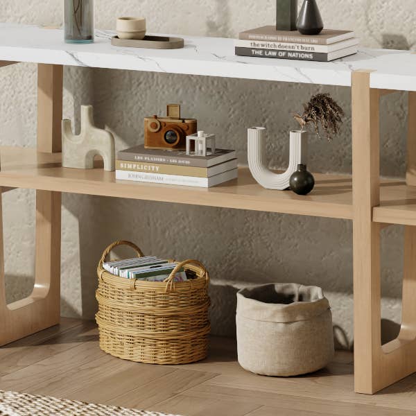 Orange County Decor - Wholesale Console Table - Retro Elegant Console Table With Marble Effect Top And Versatile Storage Solutions For Entryway And Living Room Natural Natural Solid Wood Mdf2