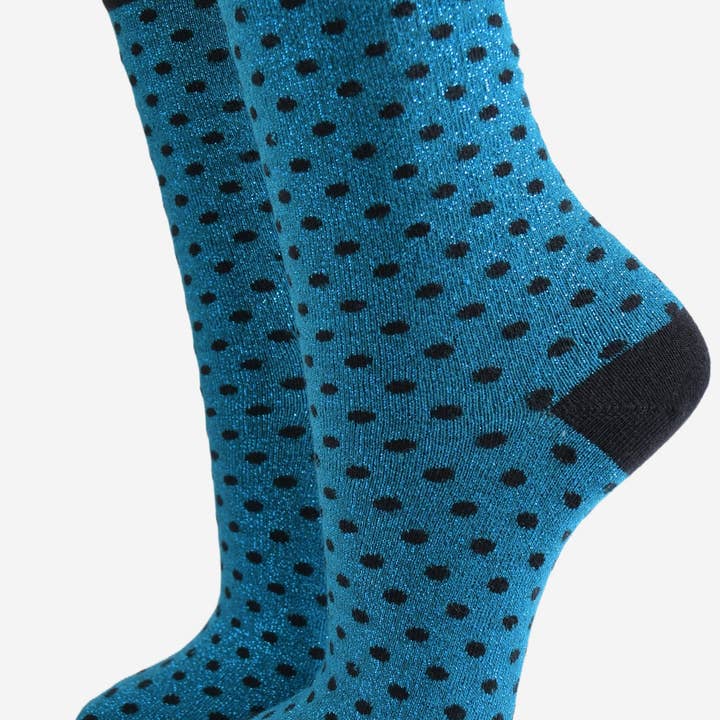Women's Glitter Socks - Teal/Black, Small Polka Dot for wholesale by Sock Talk