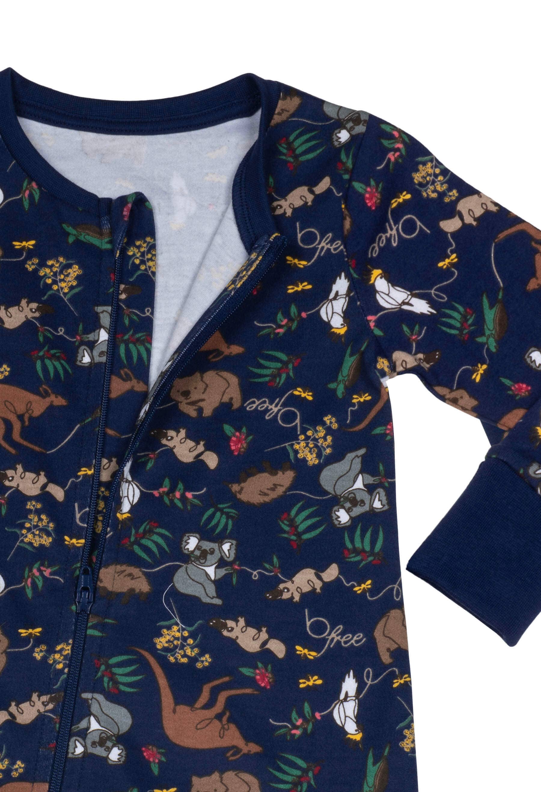 100% Organic Cotton 2-Way Zip Baby Sleepsuit with Foldable Mitts - Navy Native Aussie Animals for wholesale on Faire2
