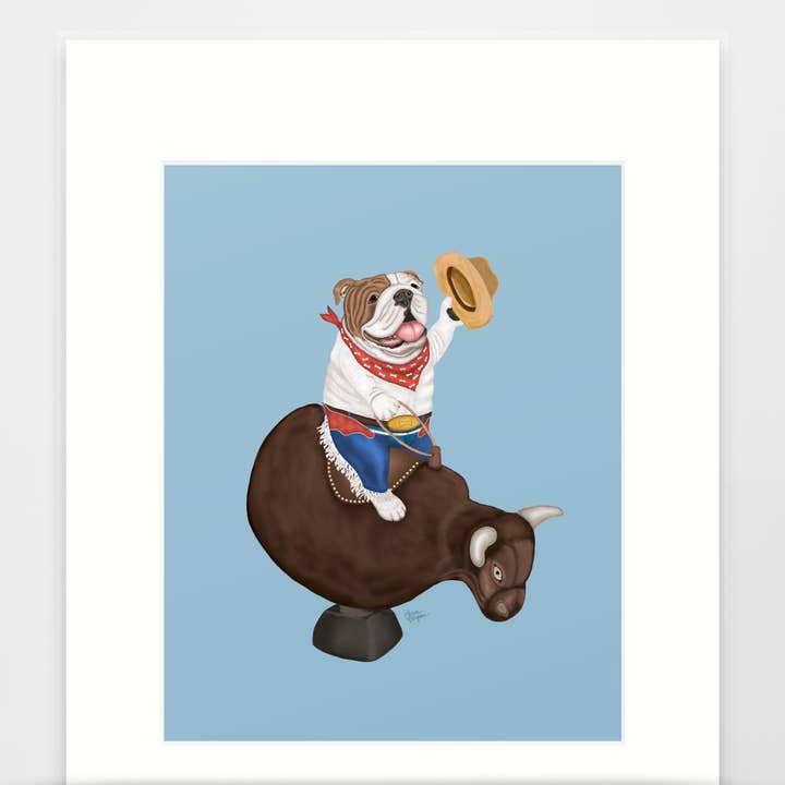 Impression artistique de bouledogue anglais, édition sur fond bleu pour la vente par Laura Bergsma Studio