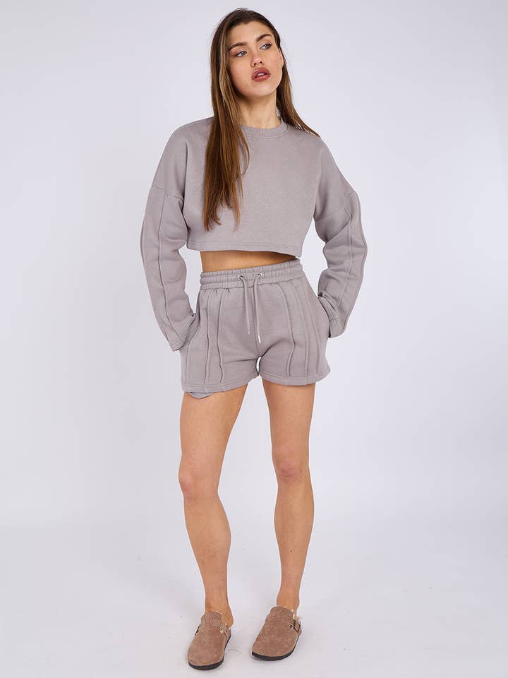 AX Labels - Wholesale Lounge Set - Women's - Seam Detail Oversized Crop Top & Shorts Fleece Co-ord37