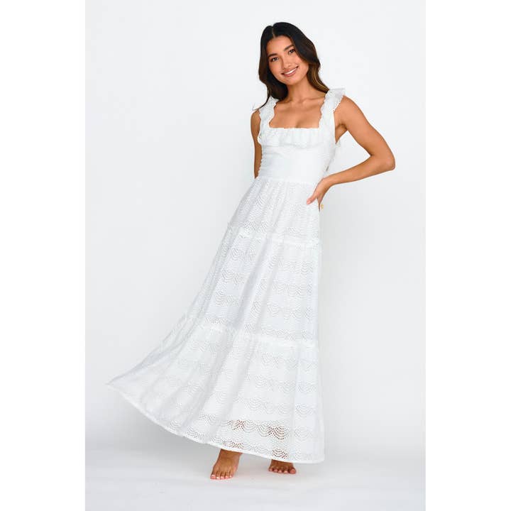 SLEEVELESS CROCHET RUFFLE STRAP MAXI DRESS for wholesale by One and Only Collective