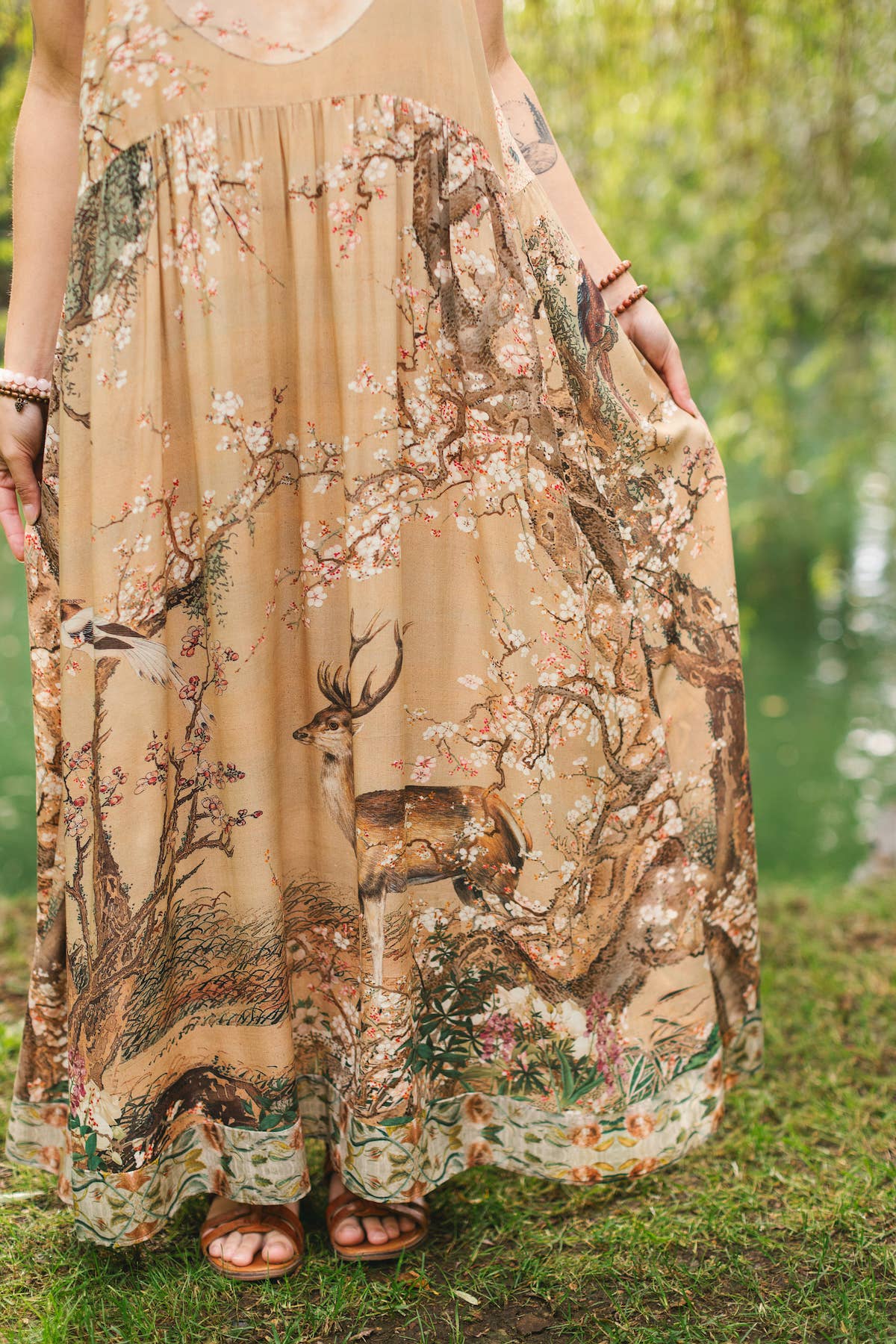 Market of Stars (USA) - Wholesale Dress - Women's - Fable Bohéme Long Maxi Slip Dress w/ Blossoms, Deer & Moon2