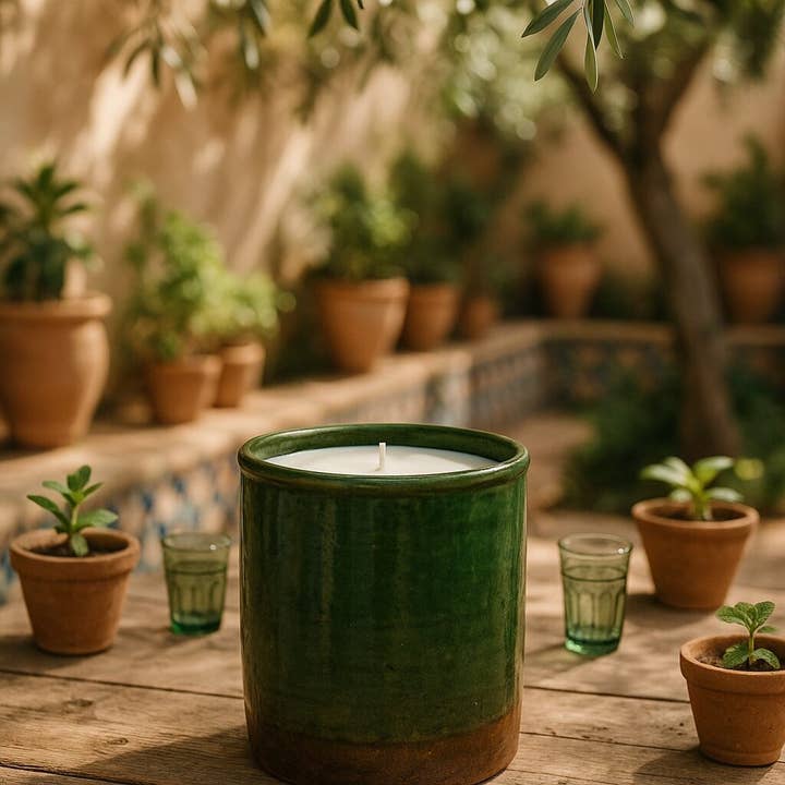 High crafty - Wholesale Jar/Filled Candle - 🪔 Artisanal Tamegroute Ceramic Candle – Green & Sahara Ochr1