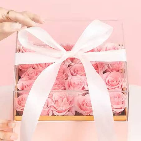 Elegant Design Supply – Caixa de presente por atacado – Caixa de flores de presente em acrílico quadrado rosa com fita0