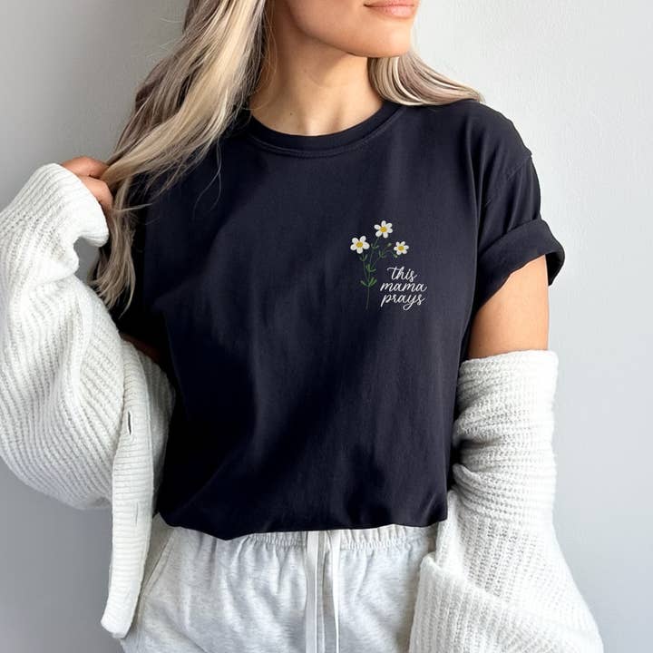 Scripted Pearl - Wholesale T-Shirt - Women's - This Mama Prays Daisy Embroidered Comfort Colors T Shirt13