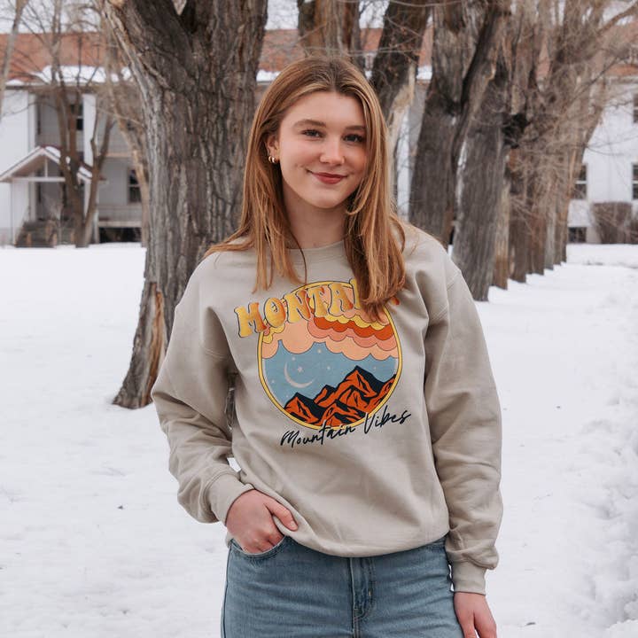 Mountain Vibes Crew in Sand for wholesale by The Montana Way